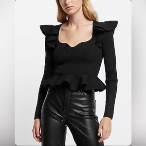 Ribbed Sweetheart Neckline Ruffle Peplum Sweater Pitch Black Size Large